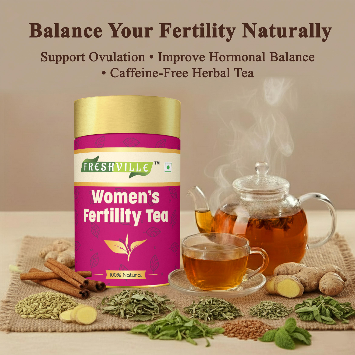 Freshville Women Fertility Tea | Hormonal Balance, Increase fertility with Herbs Fennel, Nettle, Cinnamon, Ginger, Tulsi, Fenugreek, Spearmint, Shatavari, Moringa, 50gm