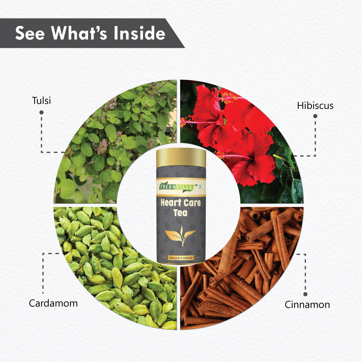 Freshville Heart Care Tea | Controls Blood Pressure with herbs Tulsi, Cardamom, Cinnamon, and Hibiscus