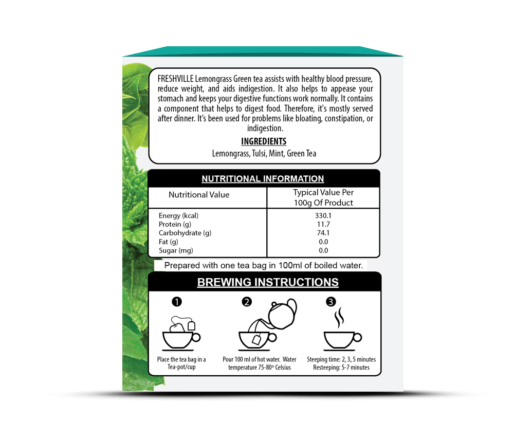 Freshville Lemongrass Tulsi Mint Green Tea Bag | Pure & Natural | Immunity Booster | Control Cholesterol | Heart Health | Lemongrass, Mint, Green Tea Bag (25 bags)