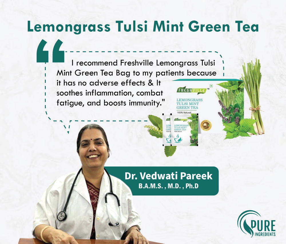 Freshville Lemongrass Tulsi Mint Green Tea Bag | Pure & Natural | Immunity Booster | Control Cholesterol | Heart Health | Lemongrass, Mint, Green Tea Bag (25 bags)