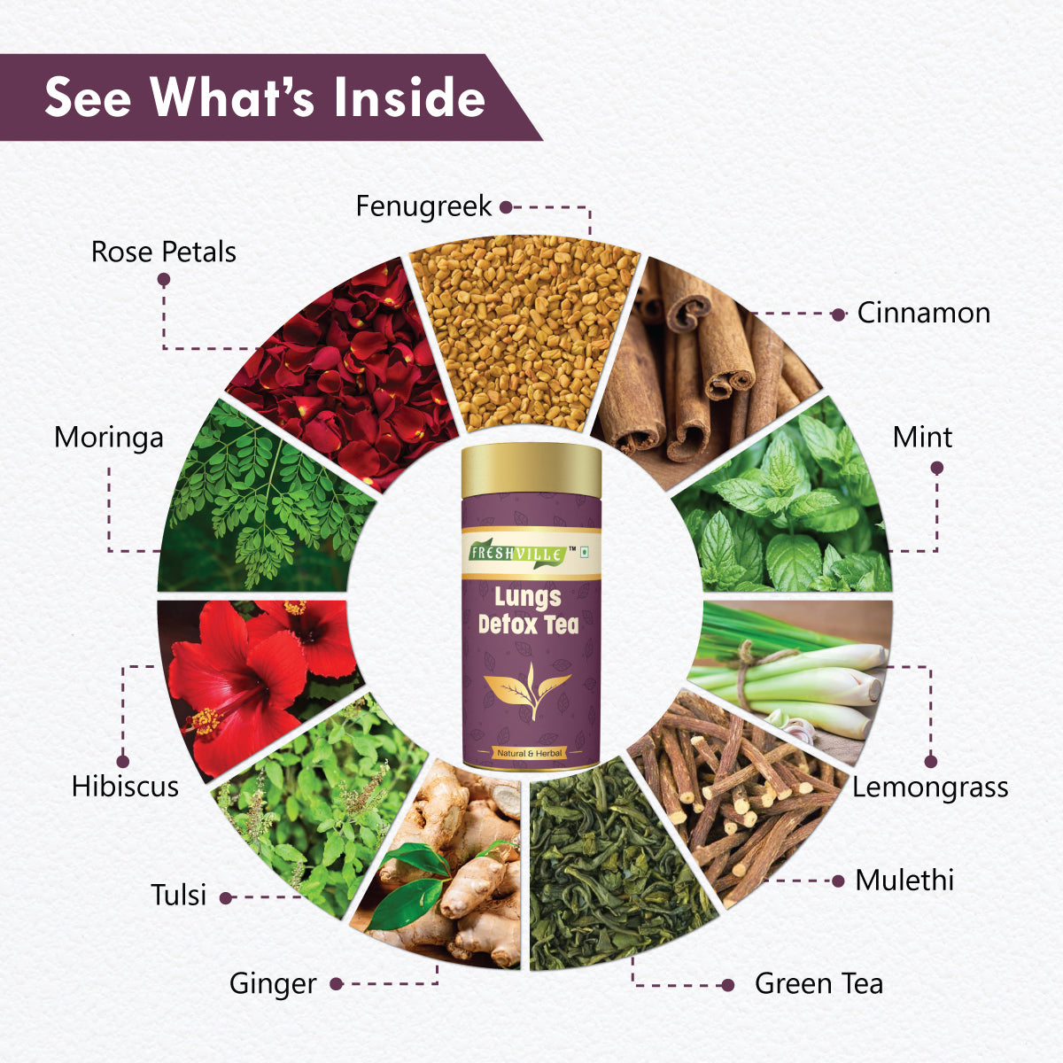 Freshville Lungs Detox Tea | Helps Quit Smoking And Clean Lungs with Herbs Moringa, Rose Petals, Peppermint, Lemongrass, Hibiscus, Cinnamon, Mulethi, Tulsi, Fenugreek, Ginger, Green Tea