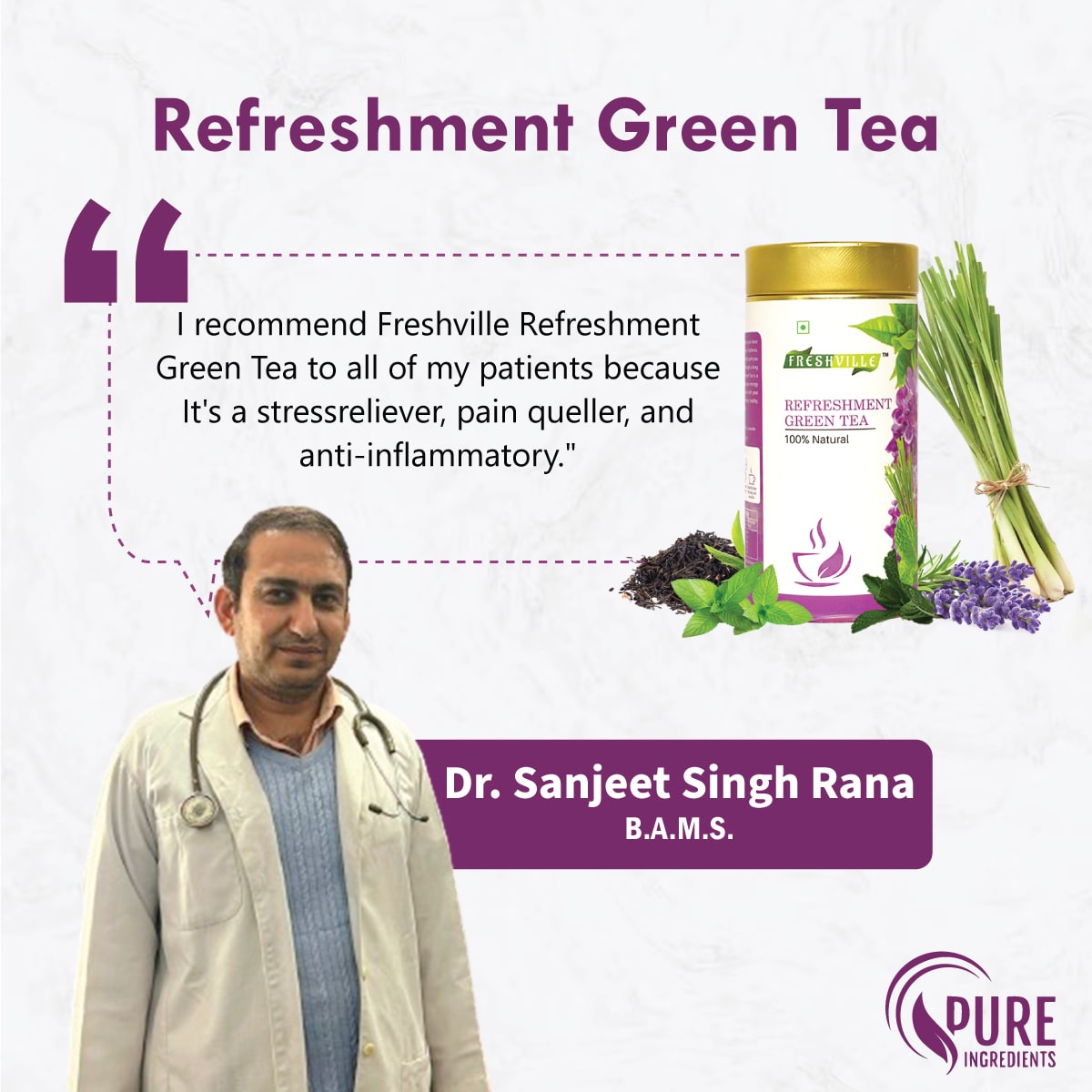 Freshville Refreshment Green Tea| Antioxidant, Stress Relief & Good Sleep | Peppermint, Lemon, Lemongrass, Green Tea, Lavender