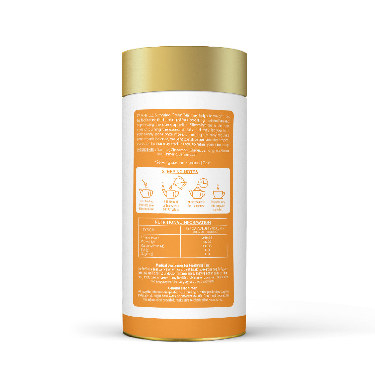 Freshville Slimming Green Tea | Burn Fat Easily with Herbs Garcinia, Cinnamon, Ginger, Lemongrass, Turmeric, Green tea, Senna leaf