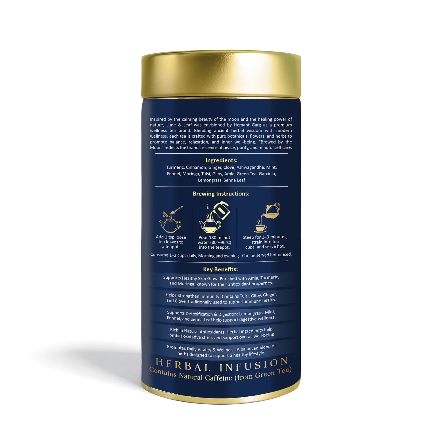 Lune & Leaf Skin & Immunity Support Herbal Tea | Golden Glow Herbal Tea | Termeric, Ashwagantha,Lemon grass, Amla | Tin Box 100 g |