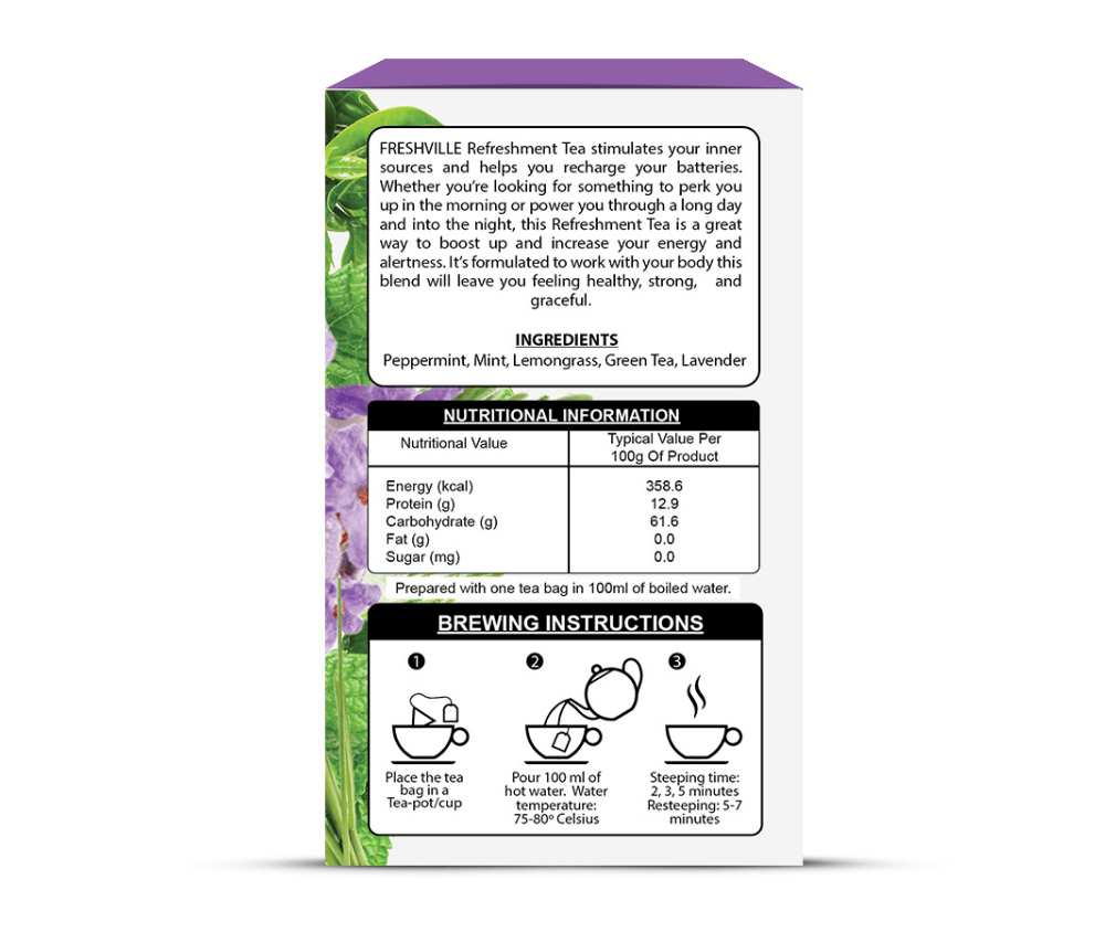 Freshville Refreshment Green Tea Bag | Pure & Natural | Skin Glow | Immunity Booster | Removes Toxins | Peppermint, Lemon, Lemongrass, Lavender, Green Tea Bag (15 bags)