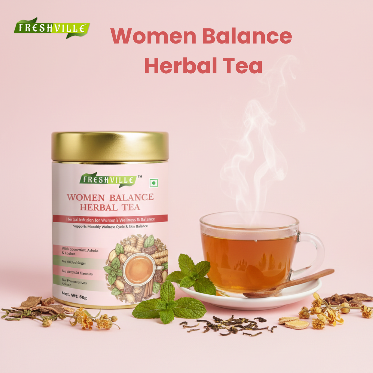 பெண்கள் சமநிலை மூலிகை தேநீர் | PCOS PCOD ஆதரவு | ஹார்மோன் நல்வாழ்வு | 60 கப் | மூலிகை தேநீர் டின்