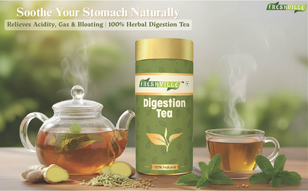 Freshville Digestion Tea | Improves Digestion, Bloating, Gas and Acidity relief with Herbs Ginger, Fennel, Ajwain, Mint, Senna leaves, Rose petals, Bay leaves, Green tea