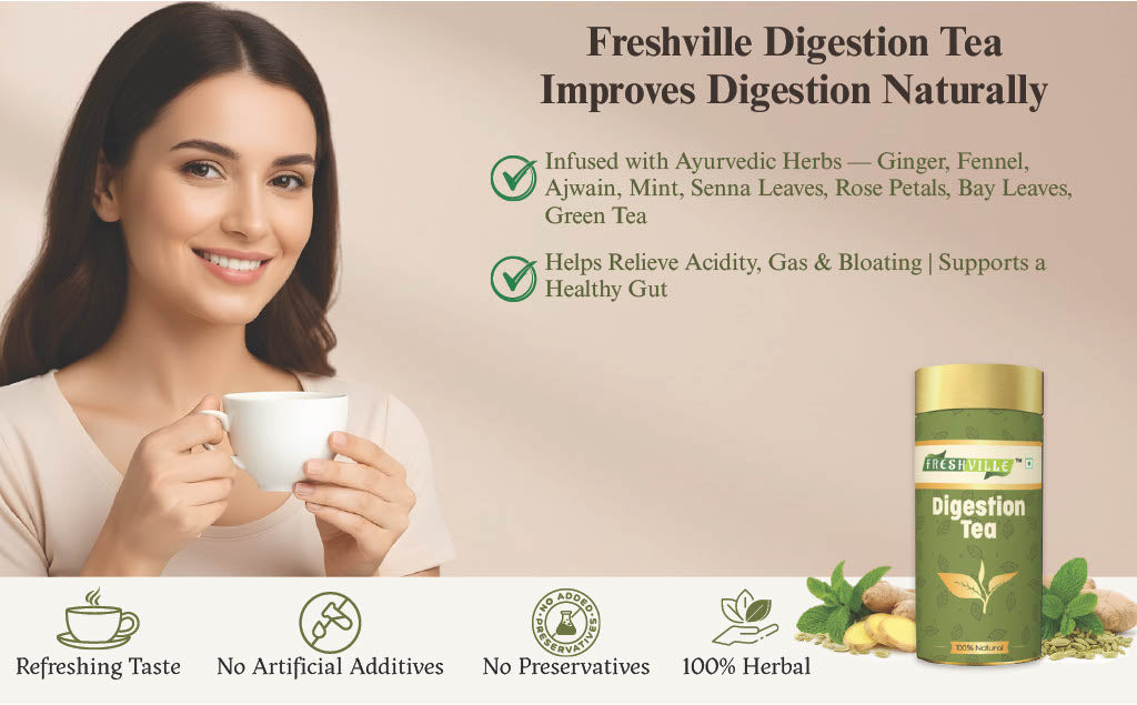 Freshville Digestion Tea | Improves Digestion, Bloating, Gas and Acidity relief with Herbs Ginger, Fennel, Ajwain, Mint, Senna leaves, Rose petals, Bay leaves, Green tea