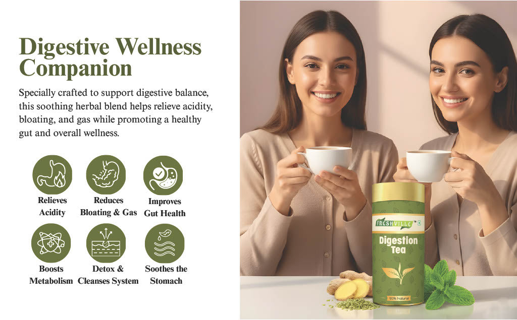 Freshville Digestion Tea | Improves Digestion, Bloating, Gas and Acidity relief with Herbs Ginger, Fennel, Ajwain, Mint, Senna leaves, Rose petals, Bay leaves, Green tea