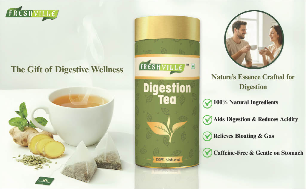 Freshville Digestion Tea | Improves Digestion, Bloating, Gas and Acidity relief with Herbs Ginger, Fennel, Ajwain, Mint, Senna leaves, Rose petals, Bay leaves, Green tea