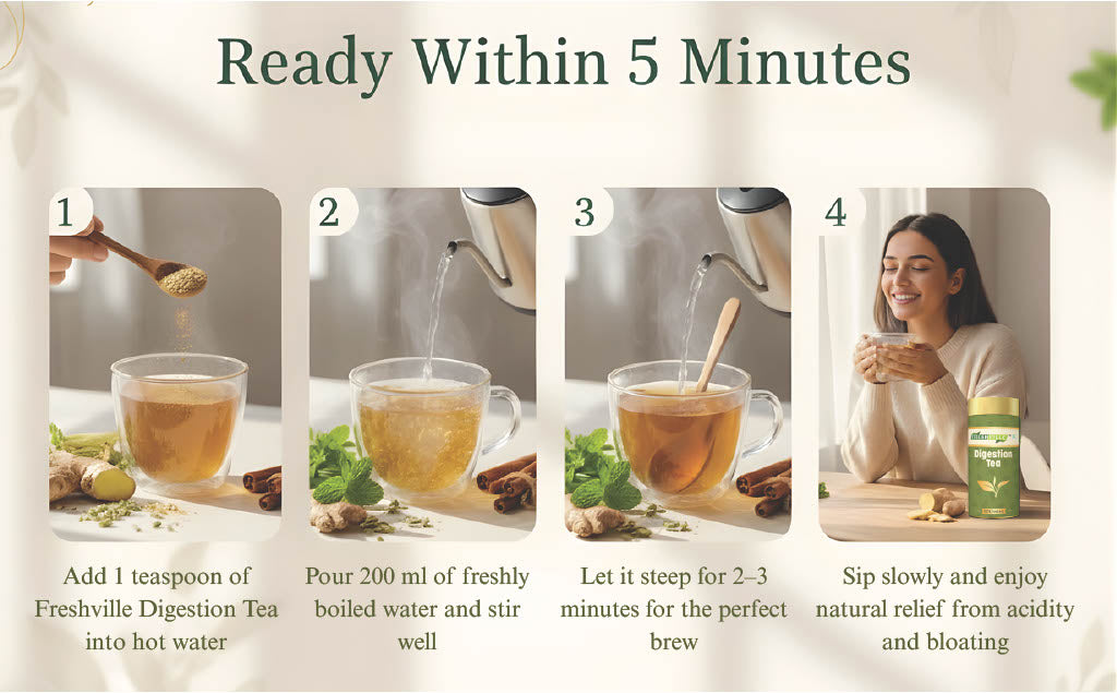 Freshville Digestion Tea | Improves Digestion, Bloating, Gas and Acidity relief with Herbs Ginger, Fennel, Ajwain, Mint, Senna leaves, Rose petals, Bay leaves, Green tea