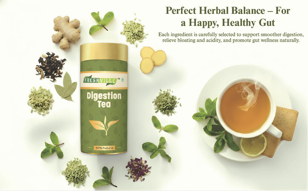 Freshville Digestion Tea | Improves Digestion, Bloating, Gas and Acidity relief with Herbs Ginger, Fennel, Ajwain, Mint, Senna leaves, Rose petals, Bay leaves, Green tea