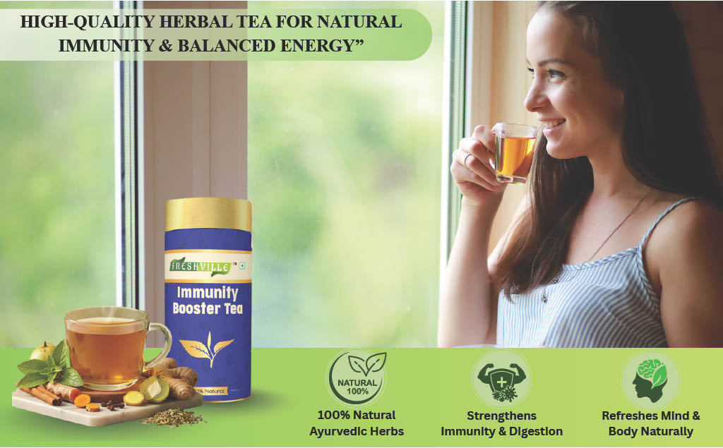 Freshville Immunity Tea - Immunity Booster Tea With Herbs Turmeric, Cinnamon, Ginger, Clove, Ashwagandha, Mintfennel, Moringa, Tulsi, Giloy, Amla, Green Tea
