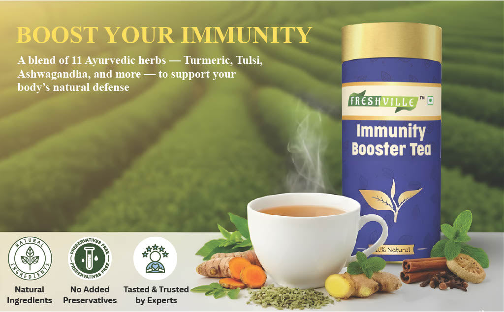Freshville Immunity Tea - Immunity Booster Tea With Herbs Turmeric, Cinnamon, Ginger, Clove, Ashwagandha, Mintfennel, Moringa, Tulsi, Giloy, Amla, Green Tea