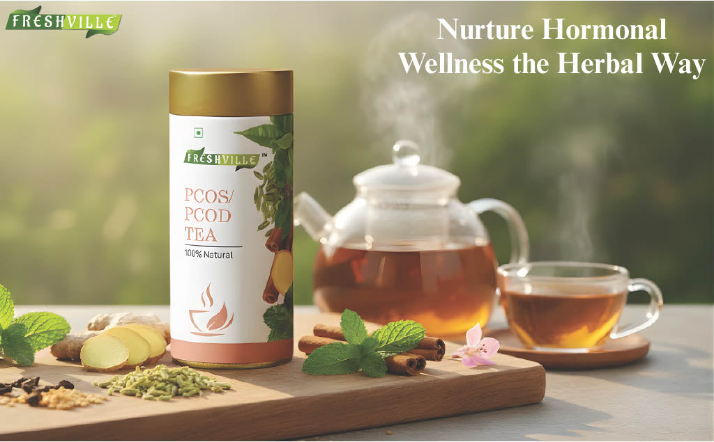 Freshville PCOS PCOD Tea | Regularizes period cycle with herbs Ginger, Fenugreek, Spearmint, Cinnamon, Fennel, Tulsi, Lodhra, Ashoka