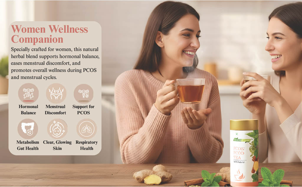 Freshville PCOS PCOD Tea | Regularizes period cycle with herbs Ginger, Fenugreek, Spearmint, Cinnamon, Fennel, Tulsi, Lodhra, Ashoka