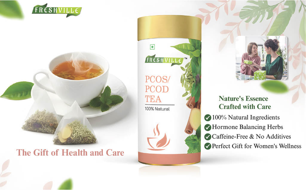 Freshville PCOS PCOD Tea | Regularizes period cycle with herbs Ginger, Fenugreek, Spearmint, Cinnamon, Fennel, Tulsi, Lodhra, Ashoka