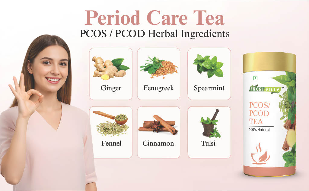 Freshville PCOS PCOD Tea | Regularizes period cycle with herbs Ginger, Fenugreek, Spearmint, Cinnamon, Fennel, Tulsi, Lodhra, Ashoka