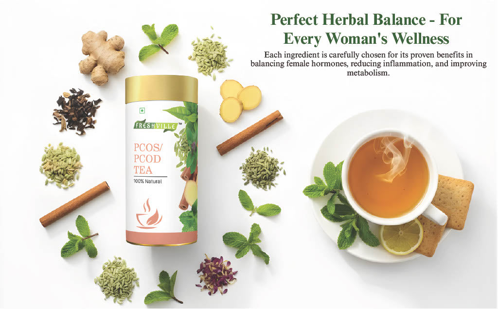 Freshville PCOS PCOD Tea | Regularizes period cycle with herbs Ginger, Fenugreek, Spearmint, Cinnamon, Fennel, Tulsi, Lodhra, Ashoka