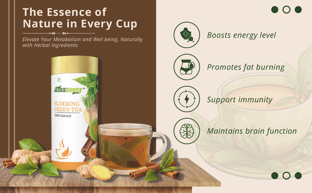 Freshville Slimming Green Tea | Burn Fat Easily with Herbs Garcinia, Cinnamon, Ginger, Lemongrass, Turmeric, Green tea, Senna leaf
