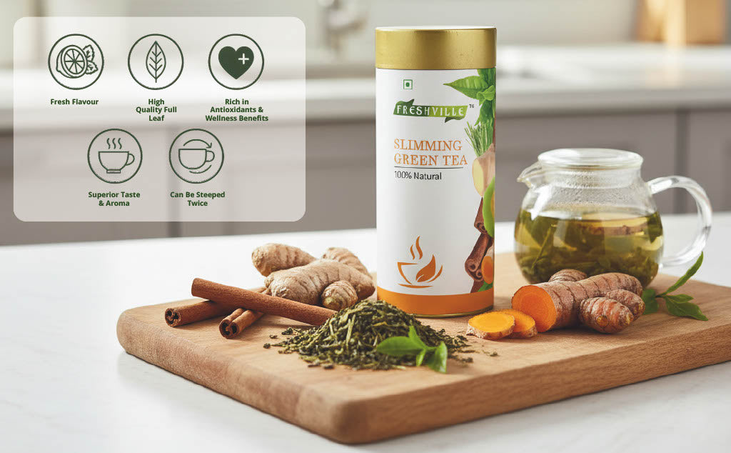 Freshville Slimming Green Tea | Burn Fat Easily with Herbs Garcinia, Cinnamon, Ginger, Lemongrass, Turmeric, Green tea, Senna leaf