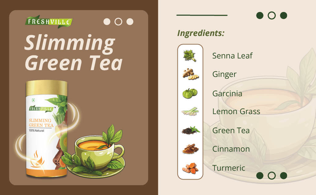 Freshville Slimming Green Tea | Burn Fat Easily with Herbs Garcinia, Cinnamon, Ginger, Lemongrass, Turmeric, Green tea, Senna leaf