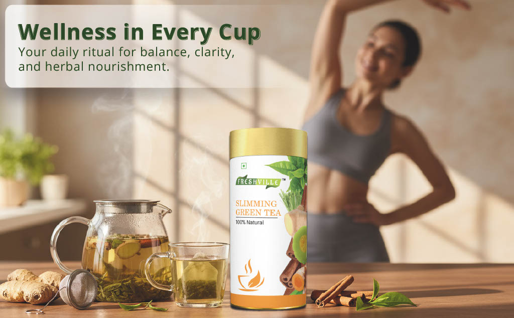 Freshville Slimming Green Tea | Burn Fat Easily with Herbs Garcinia, Cinnamon, Ginger, Lemongrass, Turmeric, Green tea, Senna leaf