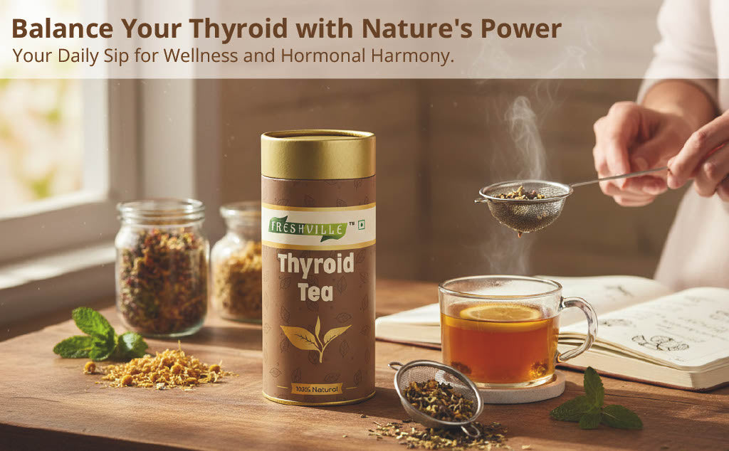 Freshville Thyroid Tea | Helps With Thyroid Support (Tsh T3 T4) | Ashwagandha, Turmeric, Liquorice, Nittle, Cinnamon, Ginger, Chamomile, Flax Seed