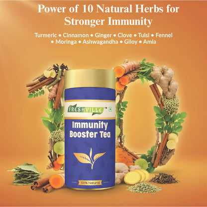Freshville Immunity Tea - Immunity Booster Tea With Herbs Turmeric, Cinnamon, Ginger, Clove, Ashwagandha, Mintfennel, Moringa, Tulsi, Giloy, Amla, Green Tea
