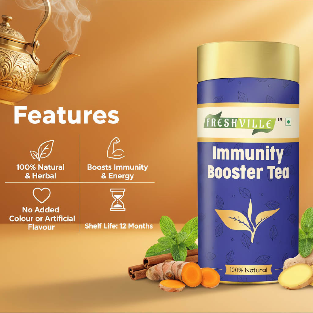 Freshville Immunity Tea - Immunity Booster Tea With Herbs Turmeric, Cinnamon, Ginger, Clove, Ashwagandha, Mintfennel, Moringa, Tulsi, Giloy, Amla, Green Tea