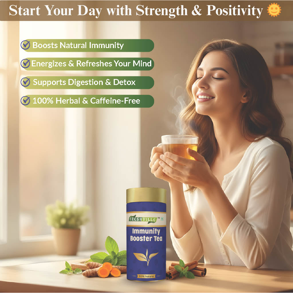 Freshville Immunity Tea - Immunity Booster Tea With Herbs Turmeric, Cinnamon, Ginger, Clove, Ashwagandha, Mintfennel, Moringa, Tulsi, Giloy, Amla, Green Tea