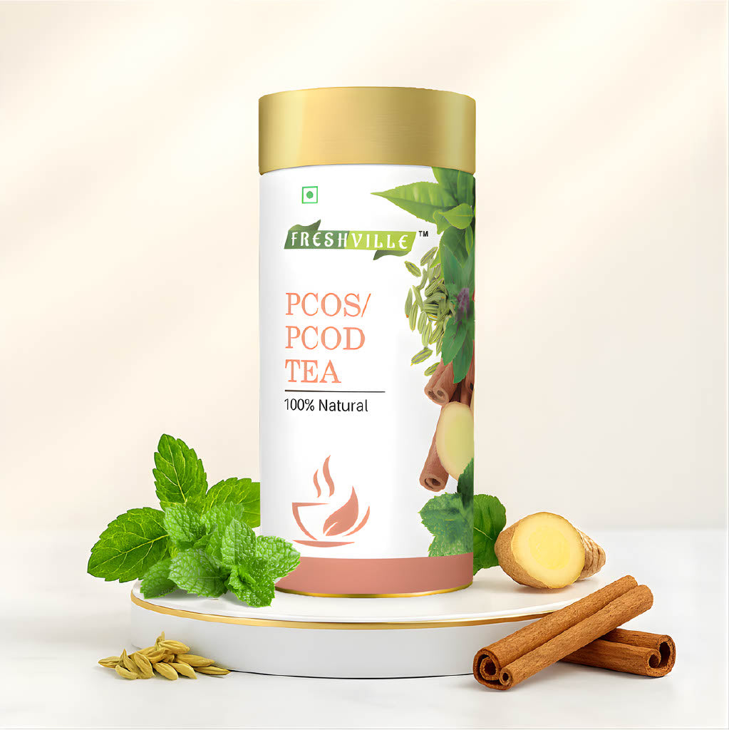Freshville PCOS PCOD Tea | Regularizes period cycle with herbs Ginger, Fenugreek, Spearmint, Cinnamon, Fennel, Tulsi, Lodhra, Ashoka
