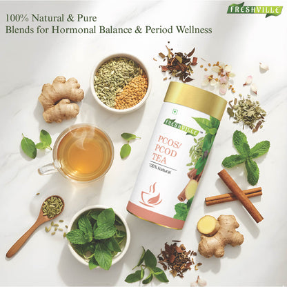 Freshville PCOS PCOD Tea | Regularizes period cycle with herbs Ginger, Fenugreek, Spearmint, Cinnamon, Fennel, Tulsi, Lodhra, Ashoka