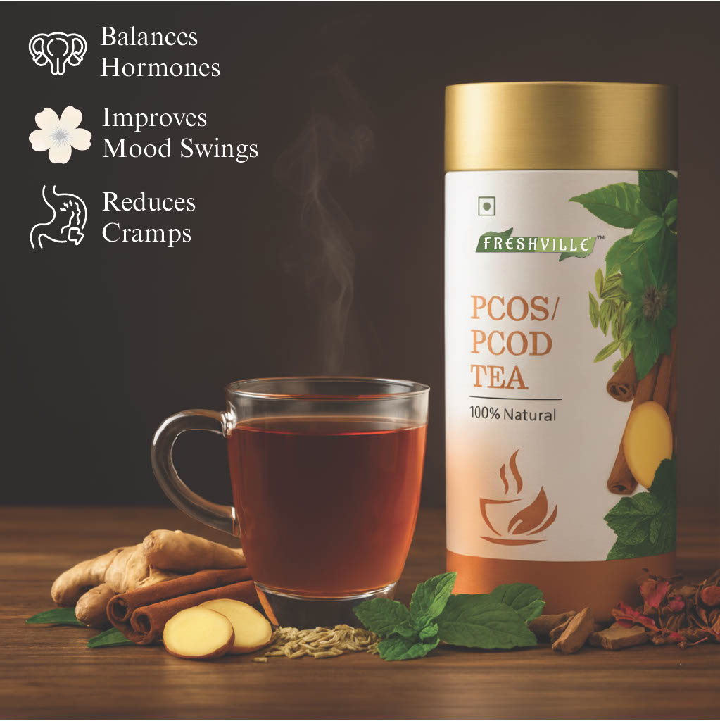 Freshville PCOS PCOD Tea | Regularizes period cycle with herbs Ginger, Fenugreek, Spearmint, Cinnamon, Fennel, Tulsi, Lodhra, Ashoka