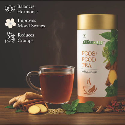 Freshville PCOS PCOD Tea | Regularizes period cycle with herbs Ginger, Fenugreek, Spearmint, Cinnamon, Fennel, Tulsi, Lodhra, Ashoka