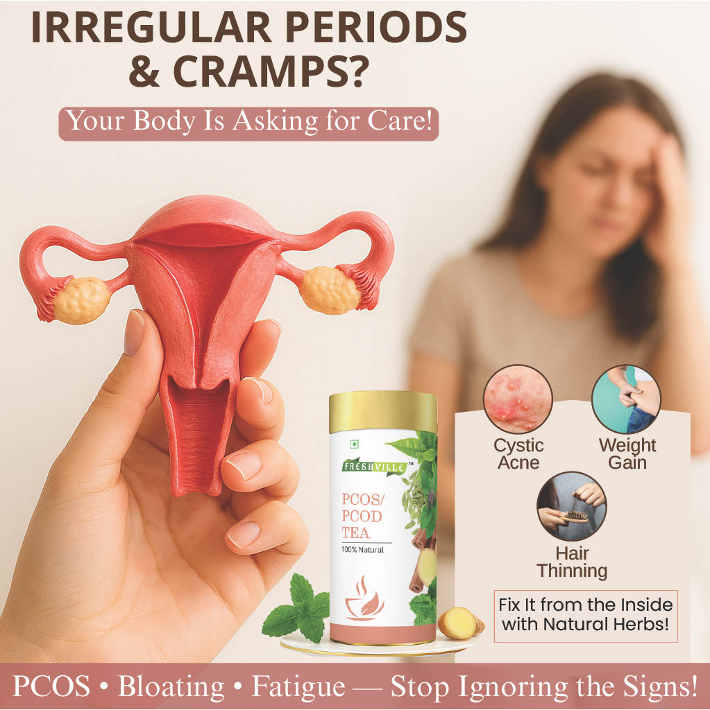 Freshville PCOS PCOD Tea | Regularizes period cycle with herbs Ginger, Fenugreek, Spearmint, Cinnamon, Fennel, Tulsi, Lodhra, Ashoka