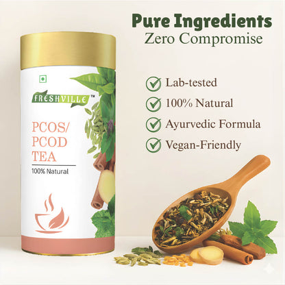 Freshville PCOS PCOD Tea | Regularizes period cycle with herbs Ginger, Fenugreek, Spearmint, Cinnamon, Fennel, Tulsi, Lodhra, Ashoka