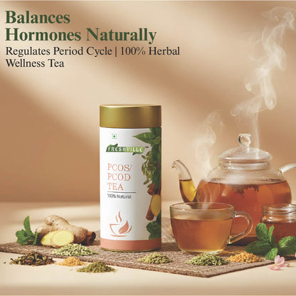 Freshville PCOS PCOD Tea | Regularizes period cycle with herbs Ginger, Fenugreek, Spearmint, Cinnamon, Fennel, Tulsi, Lodhra, Ashoka