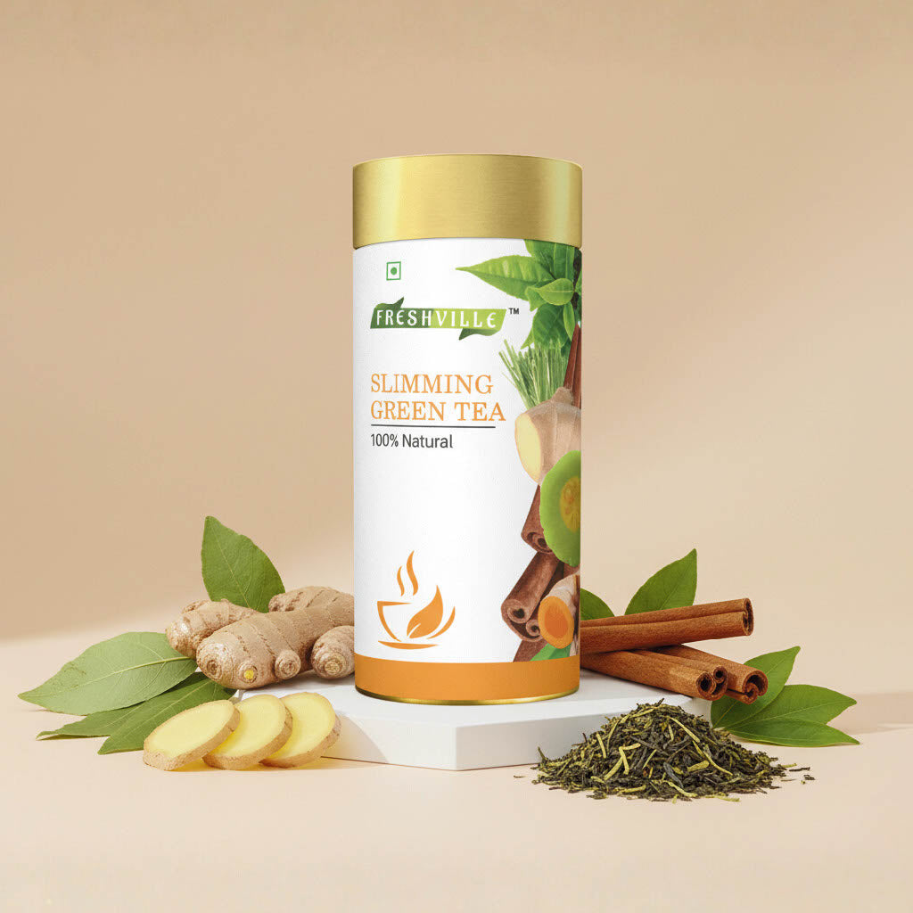 Freshville Slimming Green Tea | Burn Fat Easily with Herbs Garcinia, Cinnamon, Ginger, Lemongrass, Turmeric, Green tea, Senna leaf