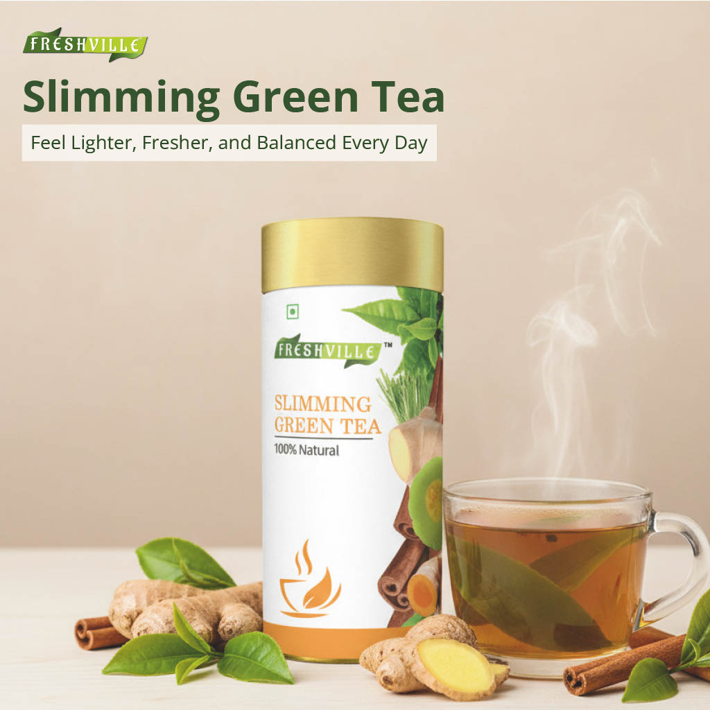 Freshville Slimming Green Tea | Burn Fat Easily with Herbs Garcinia, Cinnamon, Ginger, Lemongrass, Turmeric, Green tea, Senna leaf