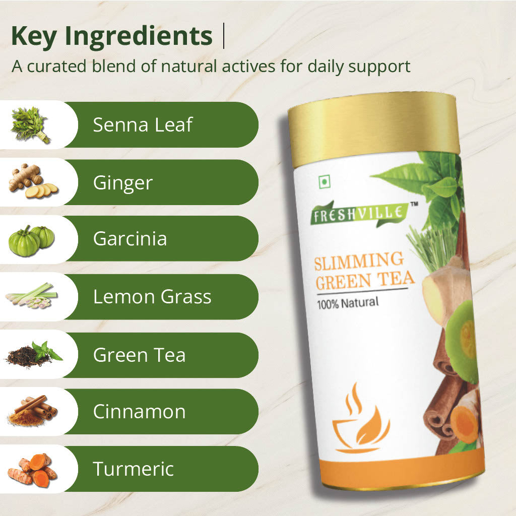 Freshville Slimming Green Tea | Burn Fat Easily with Herbs Garcinia, Cinnamon, Ginger, Lemongrass, Turmeric, Green tea, Senna leaf
