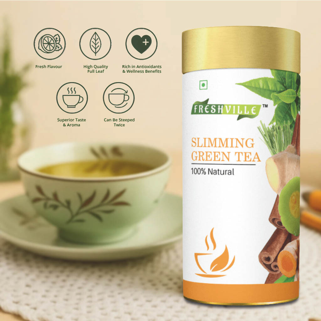 Freshville Slimming Green Tea | Burn Fat Easily with Herbs Garcinia, Cinnamon, Ginger, Lemongrass, Turmeric, Green tea, Senna leaf