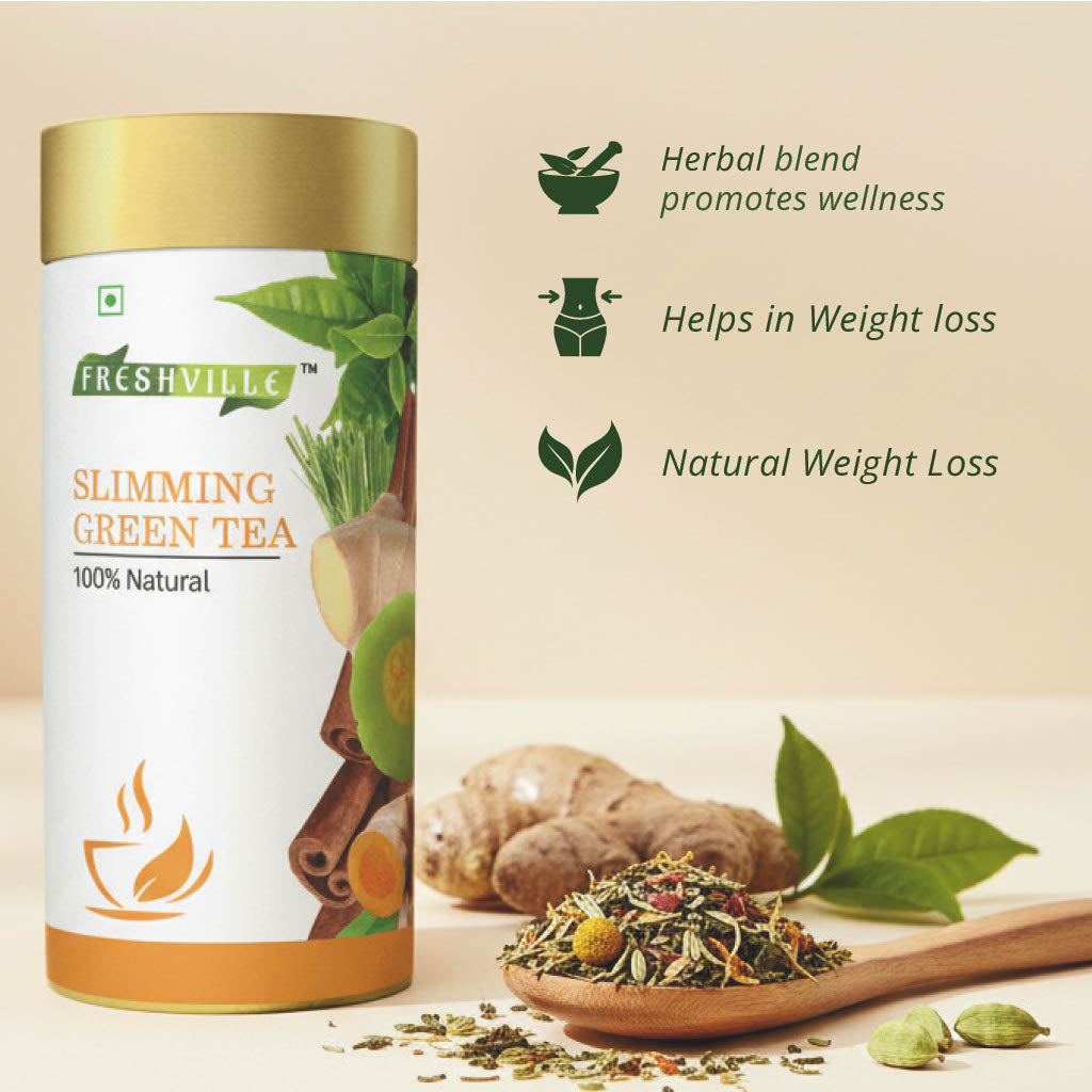 Freshville Slimming Green Tea | Burn Fat Easily with Herbs Garcinia, Cinnamon, Ginger, Lemongrass, Turmeric, Green tea, Senna leaf