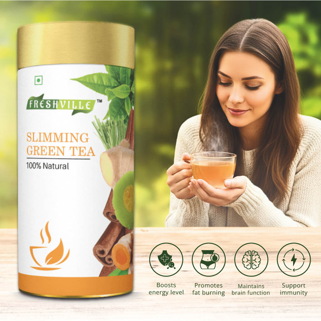 Freshville Slimming Green Tea | Burn Fat Easily with Herbs Garcinia, Cinnamon, Ginger, Lemongrass, Turmeric, Green tea, Senna leaf