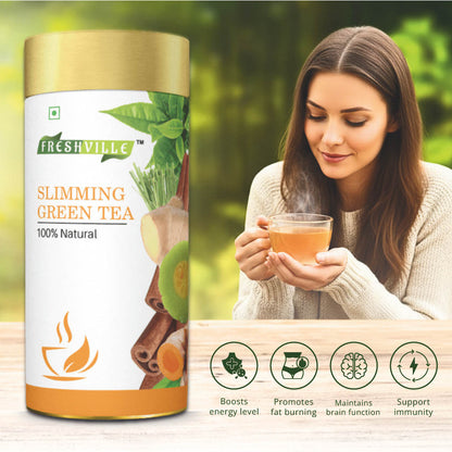 Freshville Slimming Green Tea | Burn Fat Easily with Herbs Garcinia, Cinnamon, Ginger, Lemongrass, Turmeric, Green tea, Senna leaf