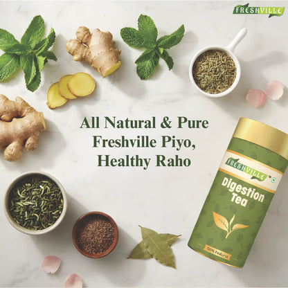 Freshville Digestion Tea | Improves Digestion, Bloating, Gas and Acidity relief with Herbs Ginger, Fennel, Ajwain, Mint, Senna leaves, Rose petals, Bay leaves, Green tea