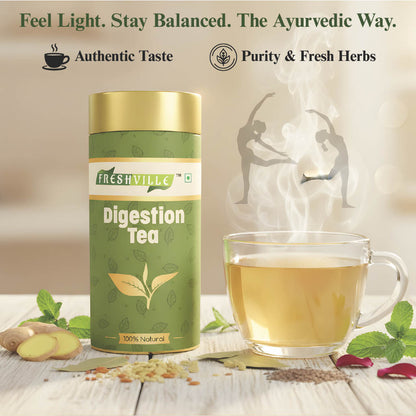 Freshville Digestion Tea | Improves Digestion, Bloating, Gas and Acidity relief with Herbs Ginger, Fennel, Ajwain, Mint, Senna leaves, Rose petals, Bay leaves, Green tea