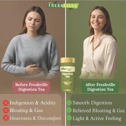 Freshville Digestion Tea | Improves Digestion, Bloating, Gas and Acidity relief with Herbs Ginger, Fennel, Ajwain, Mint, Senna leaves, Rose petals, Bay leaves, Green tea