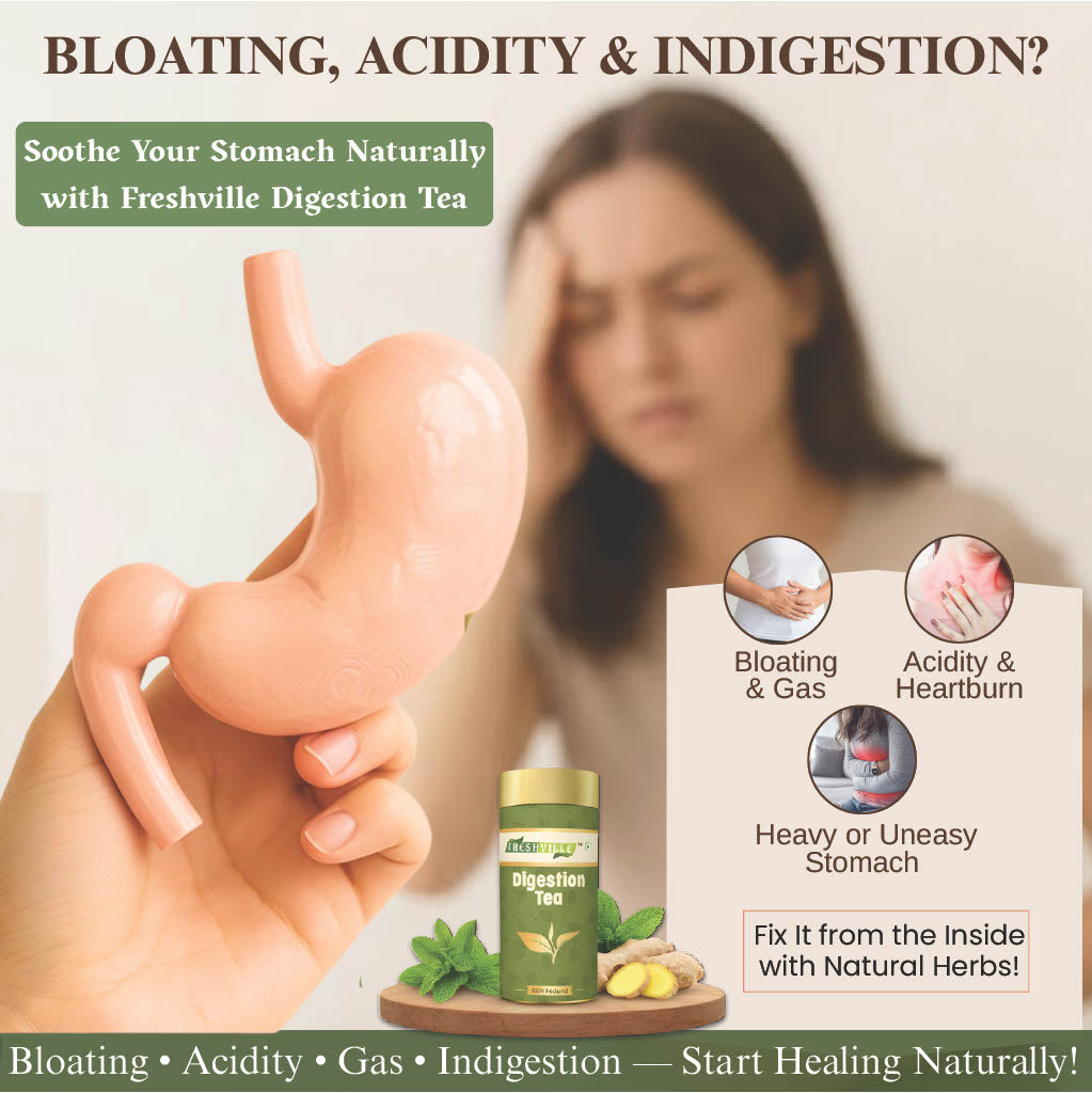 Freshville Digestion Tea | Improves Digestion, Bloating, Gas and Acidity relief with Herbs Ginger, Fennel, Ajwain, Mint, Senna leaves, Rose petals, Bay leaves, Green tea