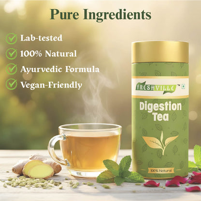 Freshville Digestion Tea | Improves Digestion, Bloating, Gas and Acidity relief with Herbs Ginger, Fennel, Ajwain, Mint, Senna leaves, Rose petals, Bay leaves, Green tea